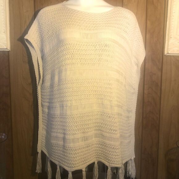 J Jill Boardwalk fringe poncho sweater. Size M/L. Ivory - Picture 1 of 6